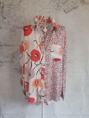 Pink Ripple Button-Down Top Mixed Print - Orange & Cream Womens Size M